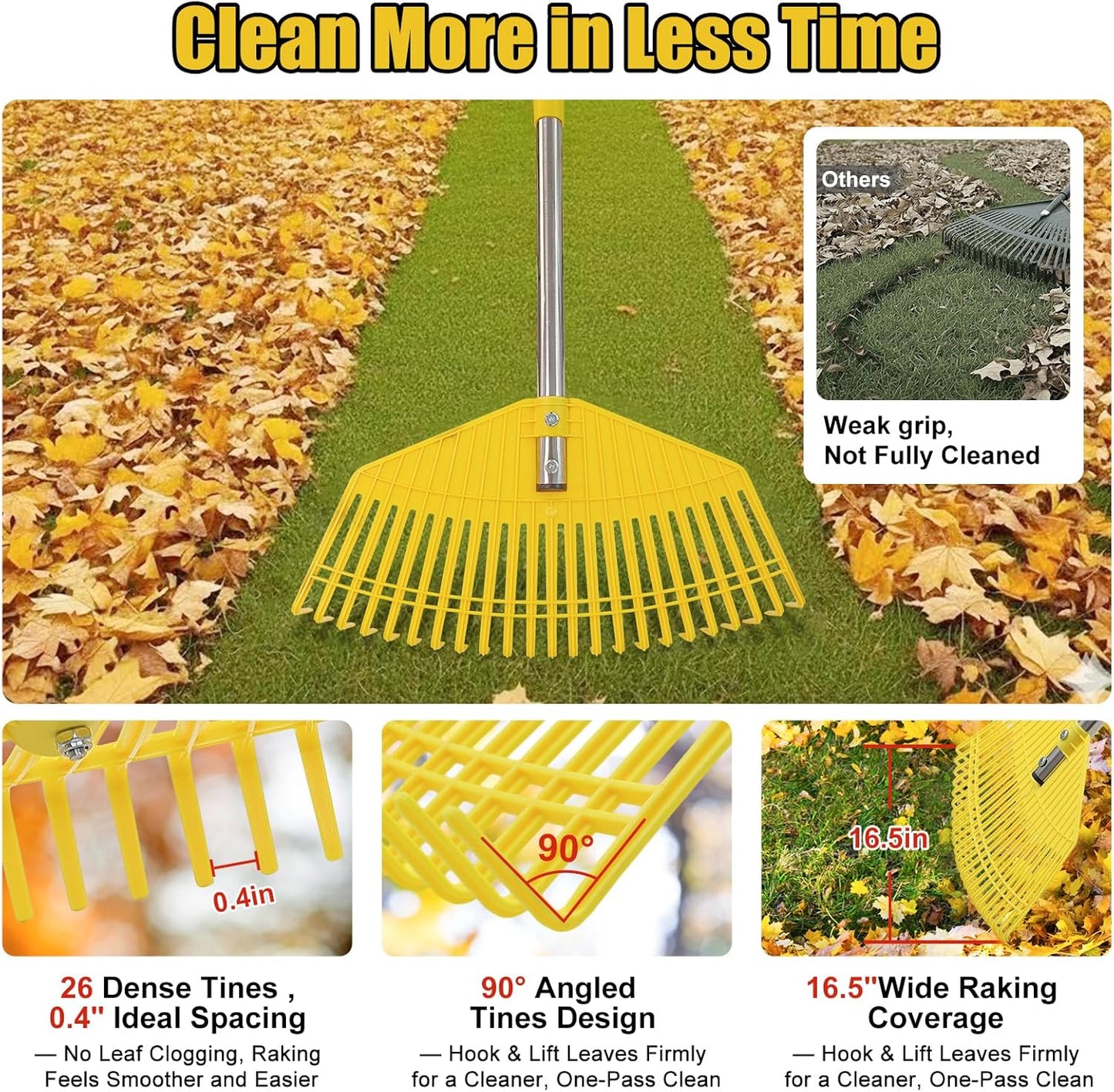 Plastic Leaf Rake for Lawns - Non-Clog, Heavy-Duty 16.5'' Wide Yard & Garden Rake for Leaves, Grass, Pine Needles, 1'' Stainless Steel Adjustable Handle, Easy Use for Women,Seniors,Kids