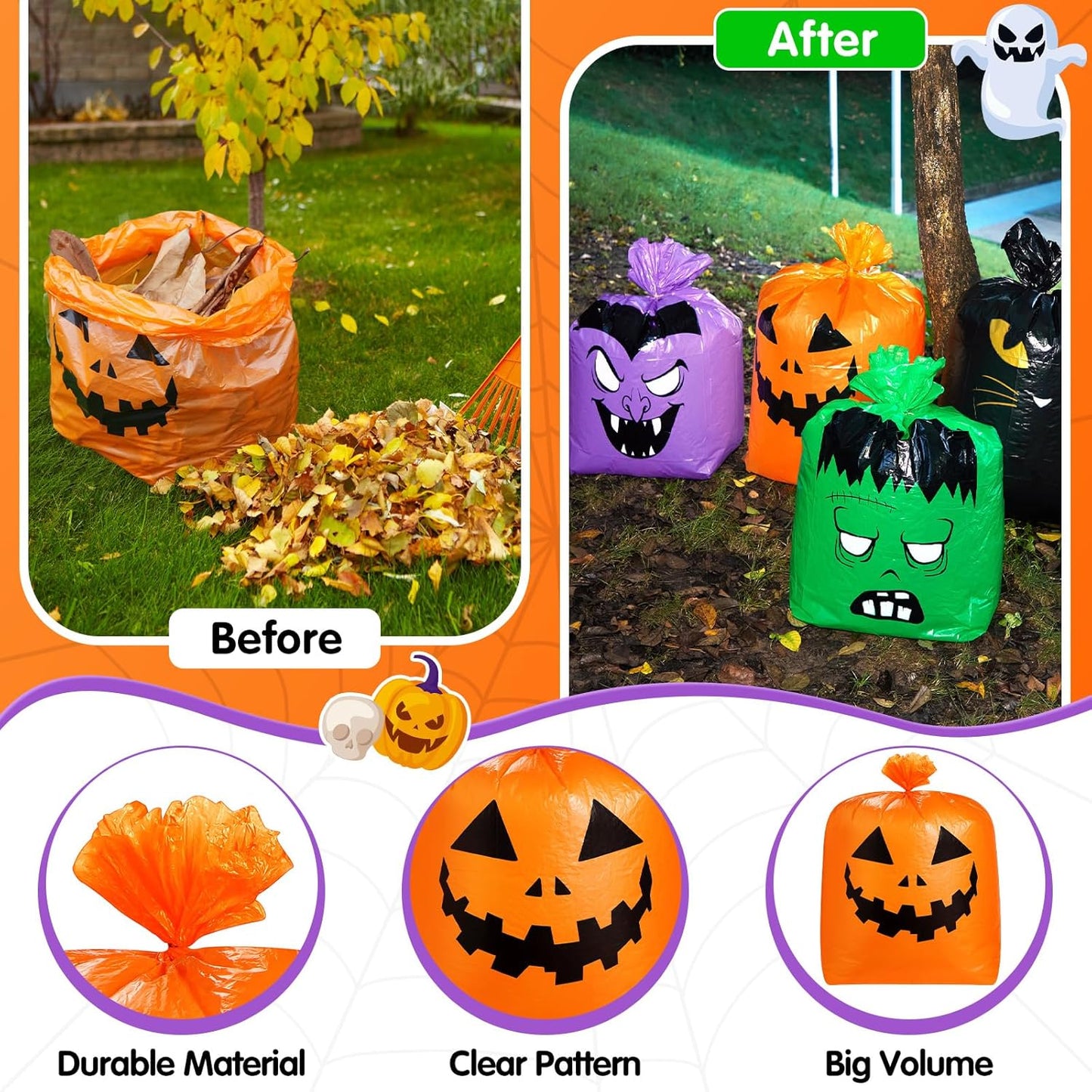 Qilery 6 Pcs Large Halloween Leaf Bags Halloween Reusable Pumpkin Lawn Trash Bags with Twist Ties for Yard, Garden, and Outdoor Party Favors Decorations