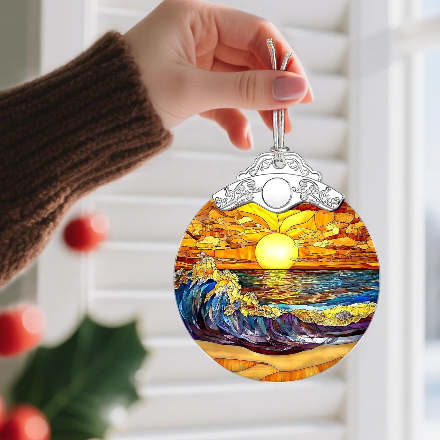 Stained Glass Ornament, Christmas Ornaments, Christmas Decorations for Tree, Holiday Ornament, Gifts for Nature Lovers, Holiday Party Gifts, Gift Ideas & Xmas Gift - Waves on The Beach