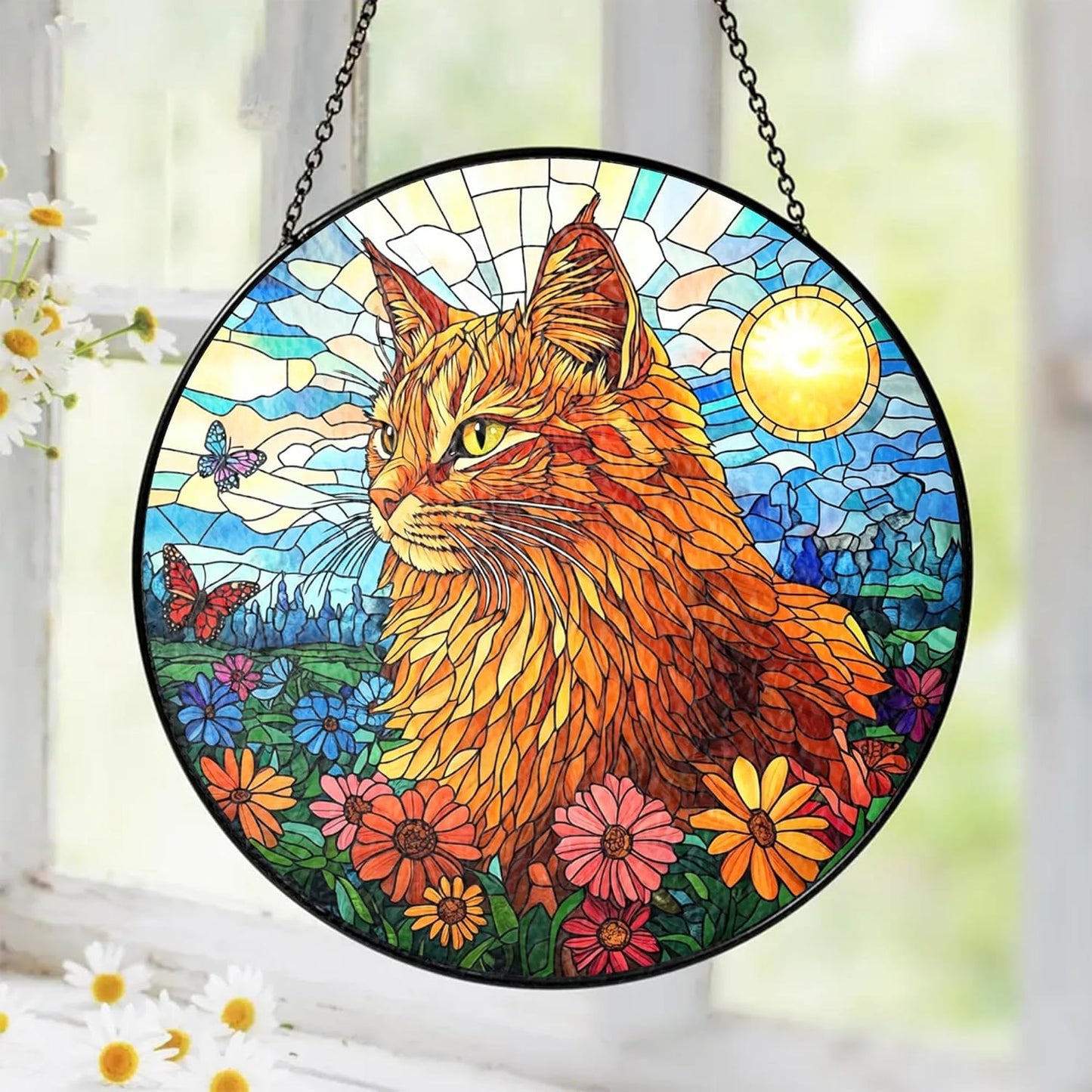 Orange Cat Stained Glass Suncatcher - Orange Cat Lovers Gifts Window Hanging Garden Decor, Memorial Pet Loss Sympathy Ornament, Christmas, Birthday, for Grandma, Friends, Mom, Women