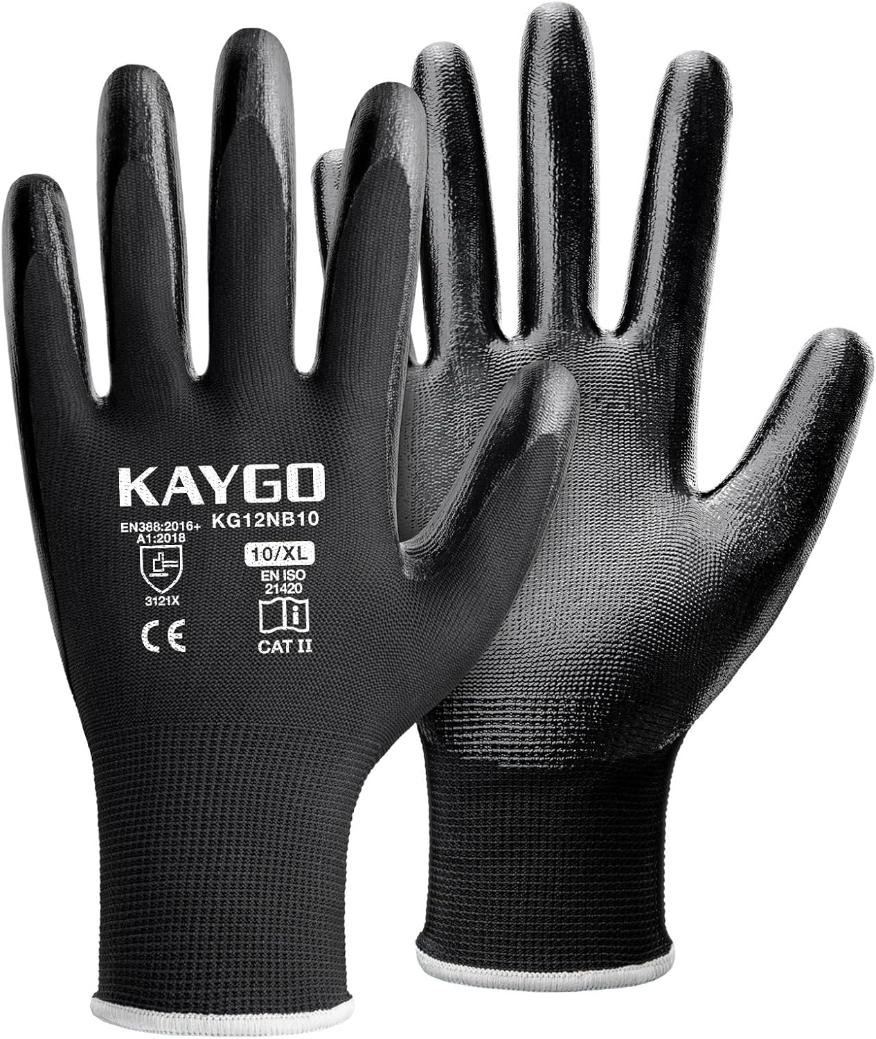 KAYGO Work Gloves Nitrile Coated, 12 Pairs KG12N，Seamless Knit, Protective Safety Work Gloves with Good Grip for General Work,Black,XL