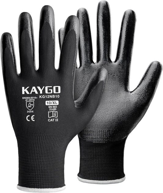 KAYGO Work Gloves Nitrile Coated, 12 Pairs KG12N，Seamless Knit, Protective Safety Work Gloves with Good Grip for General Work,Black,XL