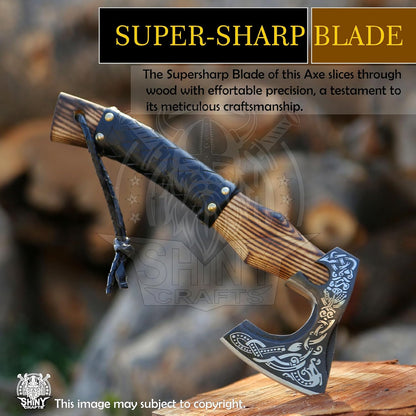 SHINY CRAFTS® Handcrafted Decorative Viking Axe with Leather-Wrapped Handle & Sheath – Engraved Blade – Ceremonial Collectible Gift for Men, History Buffs, Cosplay & Display (Set of 8 Viking Axes)