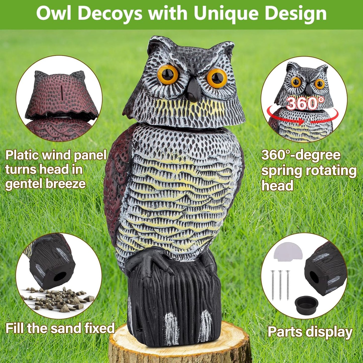 Owl Decoys to Scare Birds Squirrels Away, Rotatable Head Plastic Bird Deterrent, Waterproof Garden Owls Statue for Patio Yard Farm Protection Against Birds, Squirrels, Rabbits, Raccoons