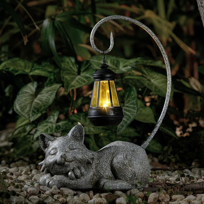 Outdoor Cat Figurine Garden Statue with Solar-Powered LED Light 13.77 Inches Tall Gift Garden Statue Decor for Cat Lovers Marbled