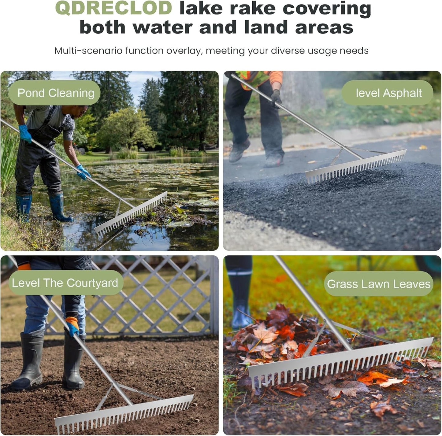 Landscape Rake, 36" Aluminum Heavy Duty Lake Weed Rake, Multifunctional Detachable Aquatic with 134'' Extension Handle & 20Ft Rope, for Weed Algae Removal Loosening Soil Lawn Garden Care