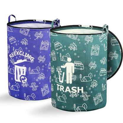 2 Pcs 30 Gallon Collapsible Trash Can Portable Waterproof Reusable with Zippered Lid for RV's, Camping, Recycling, Yard Waste, Leaf Bag, Children Toy Bin (Trash and Recycling)