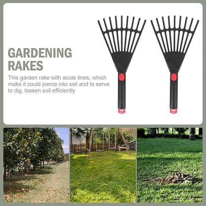 Lawn Rake Head Hand Rake Garden Tool, 2PCS Plastic Hand Rake Soil Tiller with Ergonomic Handle, Small Rake for Leaves, Gardening, Cultivating, Loosening Soil & Spreading Mulch