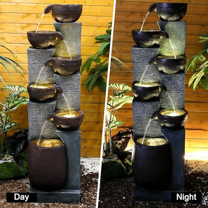 53.5in High Outdoor Indoor Water Fountain, 6-Tiered Poly-Resin Waterfall Fountain with LED Lights, Decorative Floor Standing Fountain for Garden, Patio, Yard, Home Decor