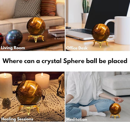 Amazing Gemstone Tiger Eye Crystal Ball with Stand - 2 Inches Crystal Sphere Meditation Balls for Witchcraft and Decorative Balls