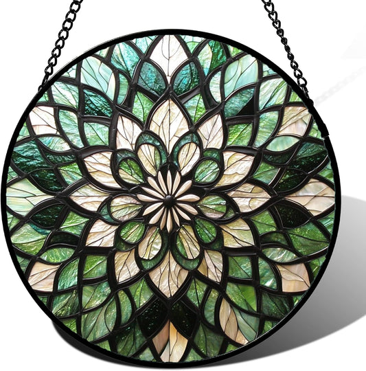 Stained Glass Window Hanging - Abstract Gradient Flowers Suncatcher for Doors Window Home Green Sun