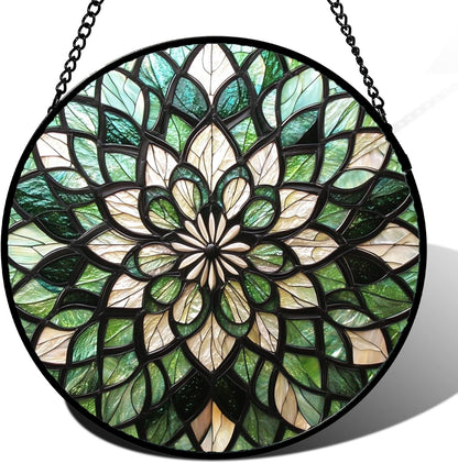 Stained Glass Window Hanging - Abstract Gradient Flowers Suncatcher for Doors Window Home Green Sun Catchers Decor Christmas Mother's Day Birthday Gifts for Teacher Women Men Mom Nana 11.8 in