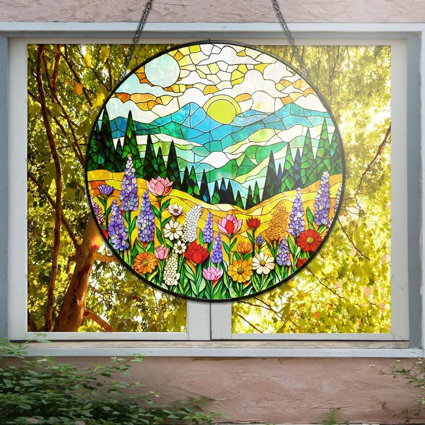 Mountain Wildflower Stained Glass Suncatcher - 3.5" Floral Window Hanging with Safe Iron Frame, Chain & Suction Cup - Botanical Art Decor Gift for Women, Plant Lovers, Mom, Housewarming