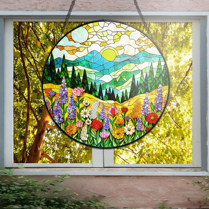 Mountain Wildflower Stained Glass Suncatcher - 3.5" Floral Window Hanging with Safe Iron Frame, Chain & Suction Cup - Botanical Art Decor Gift for Women, Plant Lovers, Mom, Housewarming