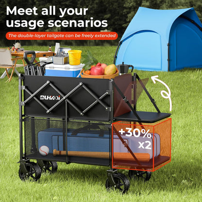 Double Decker Wagon 320L Large Capacity 400LBS Collapsible Sports Utility Cart with Big Wheels,Double Extended Tailgate Heavy Duty Folding Wagon Cart for Groceries,Camping,Outdoor