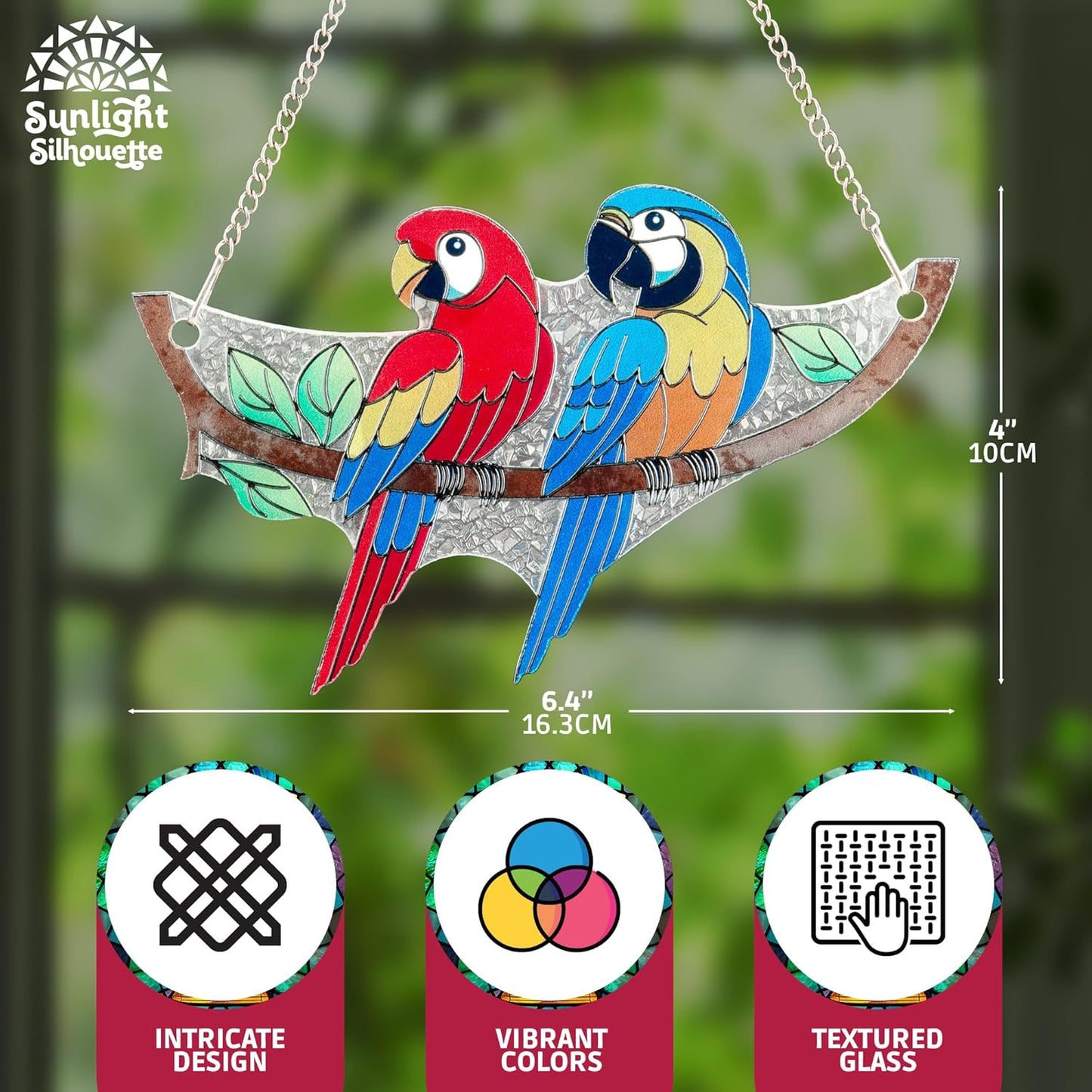 Macaw Bird Stained Glass Suncatcher on Branch 6.4" x 4" Indoor Window Decoration, Ideal Gift for Bird Lovers