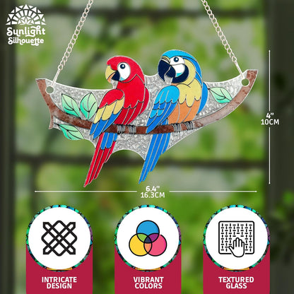 Macaw Bird Stained Glass Suncatcher on Branch 6.4" x 4" Indoor Window Decoration, Ideal Gift for Bird Lovers