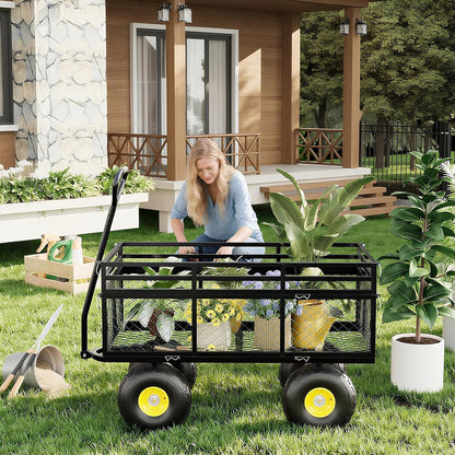 Metal Wagon - 1400lbs Garden Cart with 10" Multi-Terrain Tires, 4 Removable Mesh Sides & 180° Swivel Handle, Yard Wagon Cart for Lawn, Yard, Patio Gardening