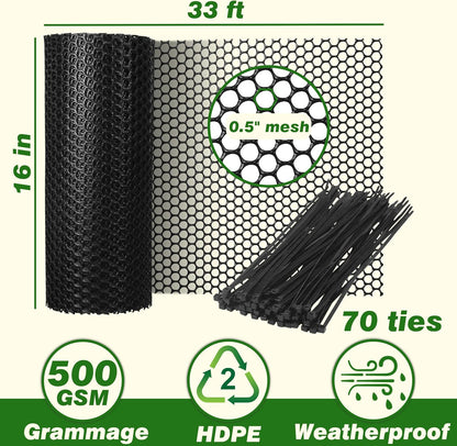 Gardzen Plastic Chicken Wire Mesh with 70 pcs Ties, 16in x 33ft Durable Chicken Fence for Poultry, Garden Protection & DIY Crafting, Heavy-Duty Mesh Netting for Outdoor & Indoor Use