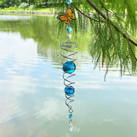 FONMY Butterfly Sun Catcher Gazing Ball Wind Spinner Rainbow Maker Silver Spiral W/ K9 Blue Crystal Ball Christmas Gfit Tree Hanging Ornament Indoor Outdoor Garden Decor. 19.5inch H