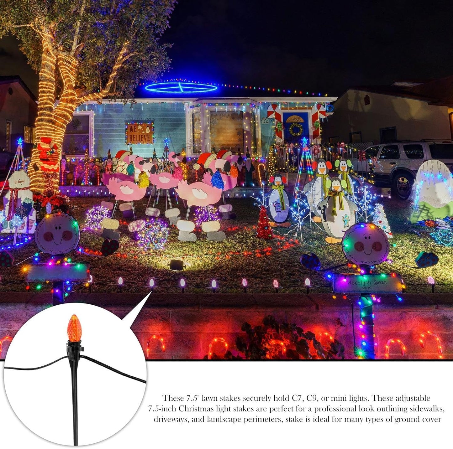 Jetec 120 Pieces Christmas Light Stakes Universal Yard Lawn Holiday 7.5 Inches Light Ground Stakes for C7 C9 String Lights Christmas Outdoor Lights Holders on Yards, Driveways (Black)