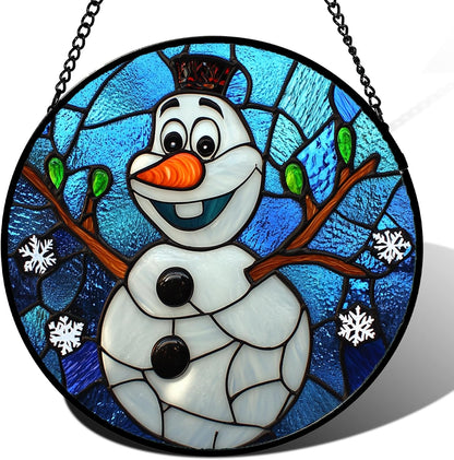 Stained Glass Window Hanging Christmas Funny Snowman 9.8" - Suncatcher Door Garden Blue White Snowflakes Sun Catcher New Year Birthday for Friend Mom Men Woman Nana