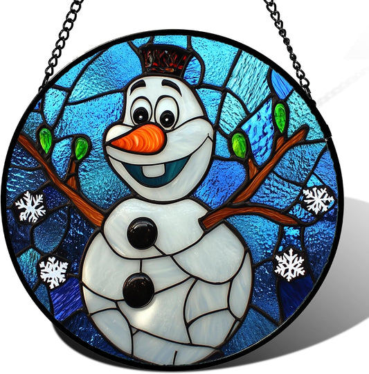 Stained Glass Window Hanging Christmas Funny Snowman 11.8" - Suncatcher Door Garden Blue White