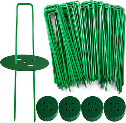 100 PCS Landscape Staples + 100 PCS Gaskets, U-Shaped Galvanized Garden Stakes Landscaping Fabric Sod Pins, Landscape Pins Stakes for Weed Barrier Fabric Ground Cover, 6 Inch