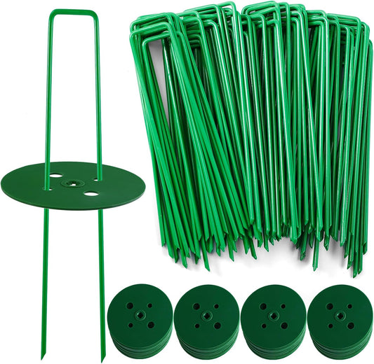 100 PCS Landscape Staples + 100 PCS Gaskets, U-Shaped Galvanized Garden Stakes Landscaping Fabric Sod Pins, Landscape Pins Stakes for Weed Barrier Fabric Ground Cover, 6 Inch