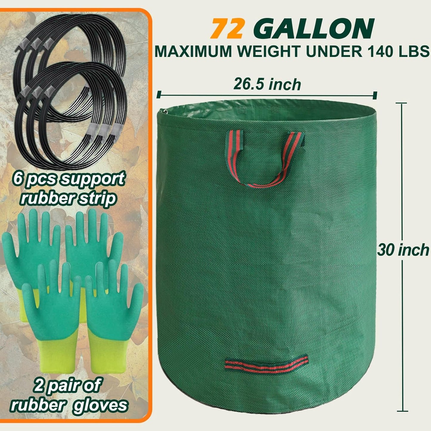 Reusable Yard Waste Bags, 72 Gallon Lawn and Leaf Bags, 6 Pack Garden Weed Bag, Standable&Collapsible Outdoor Trash Bags with 4 Handles, Camping Yard Recycling Heavy Duty Bags with 2 Pair of Gloves