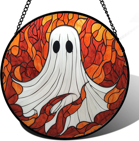 Stained Glass Window Hanging - Halloween Decorations White Ghost Orange Sky Suncatcher for Doors
