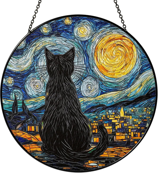 Starry Night Black Cat Stained Glass Suncatcher Window Hanging Decor for Garden, Cat Suncatcher
