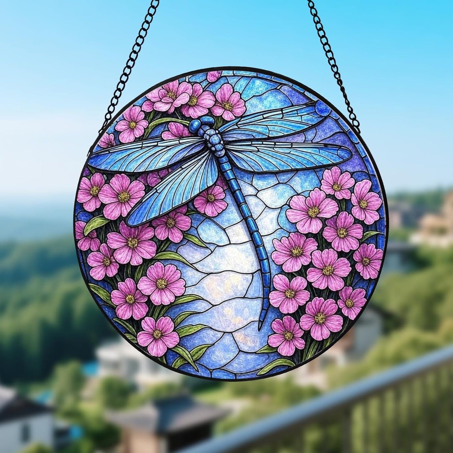 Stained Glass Window Hanging – Dragonfly Sun Catcher Round Glass Panel, Blue Floral Window Decor, Suncatchers for Windows Hanging Gift for Women & Mom (12 Inch)