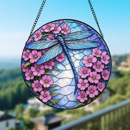 Stained Glass Window Hanging – Dragonfly Sun Catcher Round Glass Panel, Blue Floral Window Decor, Suncatchers for Windows Hanging Gift for Women & Mom (12 Inch)