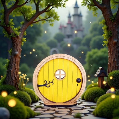 1Pc Fairy Garden Door for Tree, Fairys Doors for Trees Outdoor and Tree Trunk, Mini Fairy Garden Sculpture Lawn Ornament Decor, Fairytales Door Decoration，Gardens Miniatures (Yellow)
