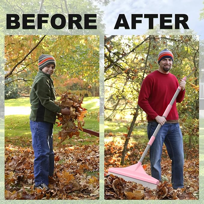 Artificial Turf Rake with Steel Telescopic Handle, 32 to 55 Inch 3 Piece-Pole Easy Storage Design, Garden Hand Boom Rake for Artificial Grass, Carpet Pet Hair, Lawn Leaves and Debris Remove, Pink