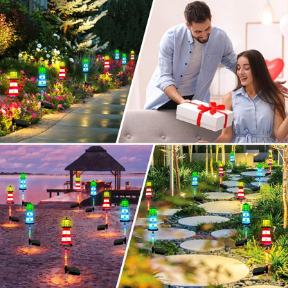 Solar Lighthouse Outdoor Decor (2PACK) Ideal for pathway lighting in gardens, walkways, and patios. Enhances garden, lawn, planter, backyard, and courtyard decor. Nautical-Style Outdoor Solar Lights