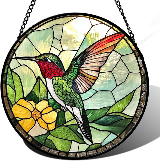 Stained Glass Window Hanging, Green Hummingbird Sun Catcher for Door Home Decor, Birds Suncatcher