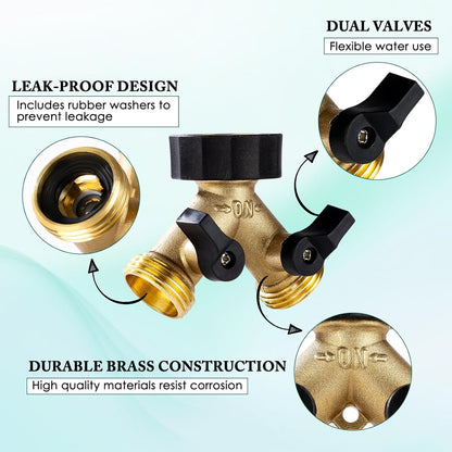 Dalmbox Garden Hose Splitter 2 Way, Y Connector Brass Garden Hose Adapter, Water Hose Splitter, Double Shut Off Valve, Includes 5 Rubber Washers & Teflon Tape(2 pack)