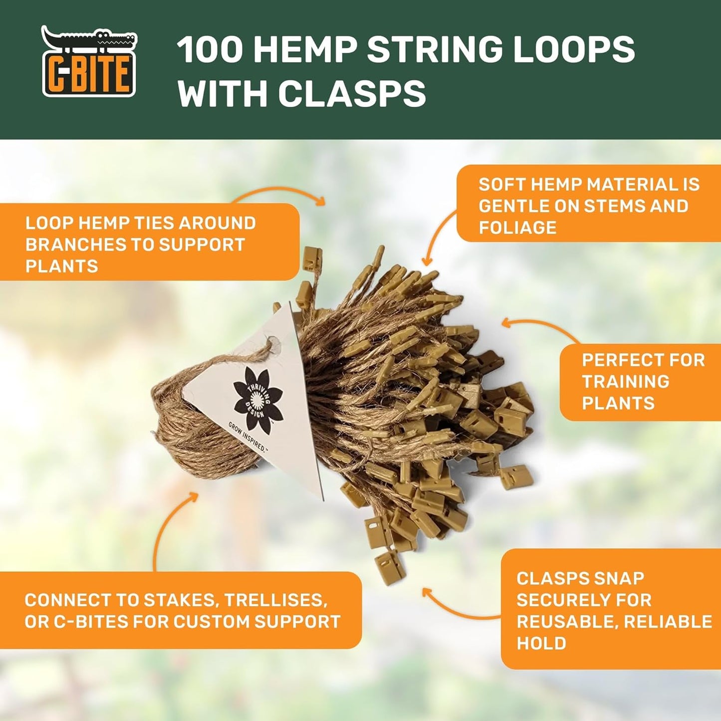 Locking Hemp Plant Tie Loops | Secure Vines and Branches to Stakes and C-Bites | Gentle Gardening Support for Climbing Plants and Vines | Durable and Reusable (100 Pack)