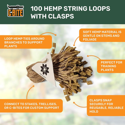 Locking Hemp Plant Tie Loops | Secure Vines and Branches to Stakes and C-Bites | Gentle Gardening Support for Climbing Plants and Vines | Durable and Reusable (100 Pack)