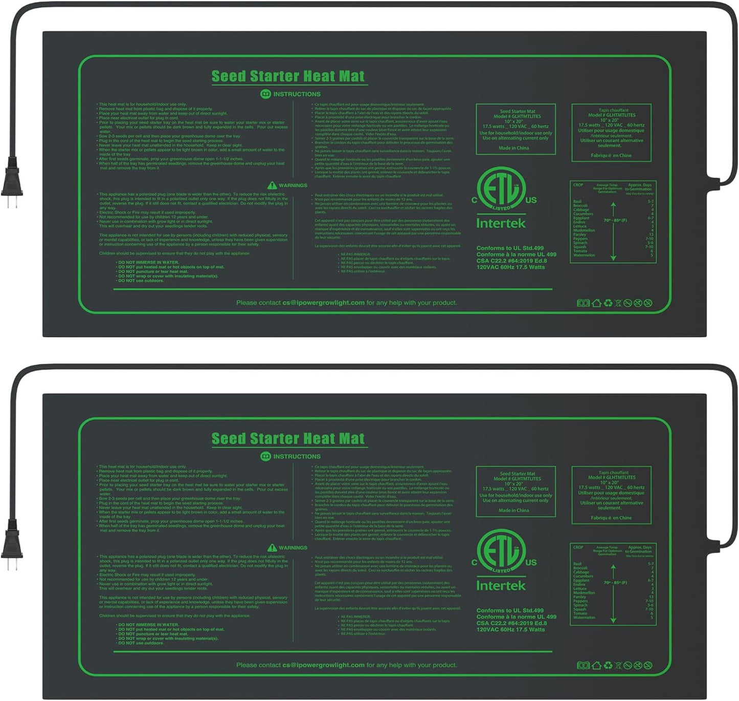 iPower 2 Pack Seedling Heat Mat for Seed Starting, ETL Listed Durable Waterproof Warm Hydroponic Heating Pad, for Indoor Plants Germination, 10" x 20"