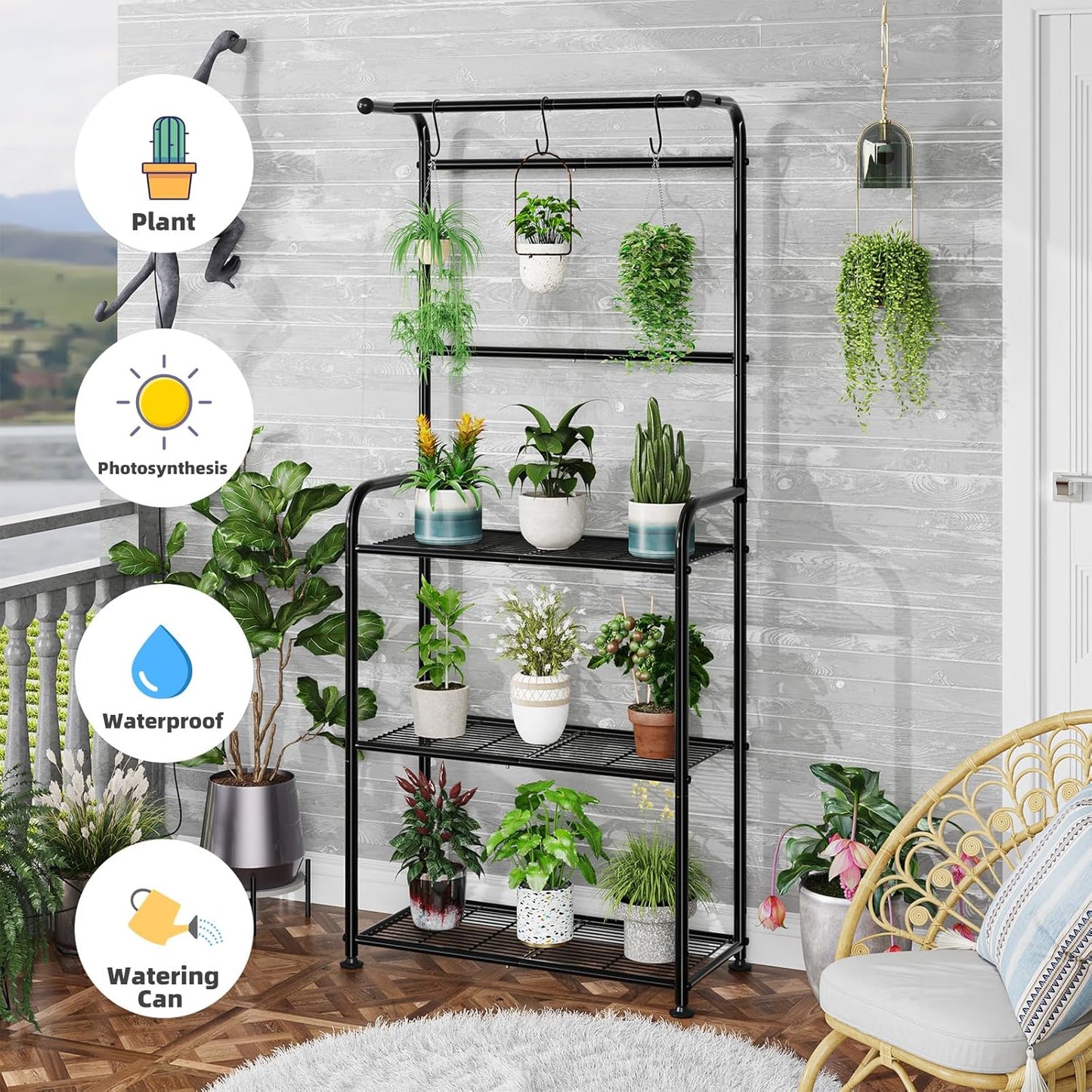Plant Stand Outdoor Indoor, Metal 3 Tiered Tall Hanging Plant Shelf Heavy Duty for Multiple Flower Planter Holder 67" Large Rack for Living Room Garden Balcony, Black