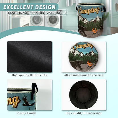Retro Camping Mountain Bear Laundry Basket Foldable With Handles Tote Bag Oxford Cloth Funny Laundry Hamper Clothes Storage Bucket Toy Organizer For Bathroom/Laundry/Bedroom 18.9" x 16.5 "