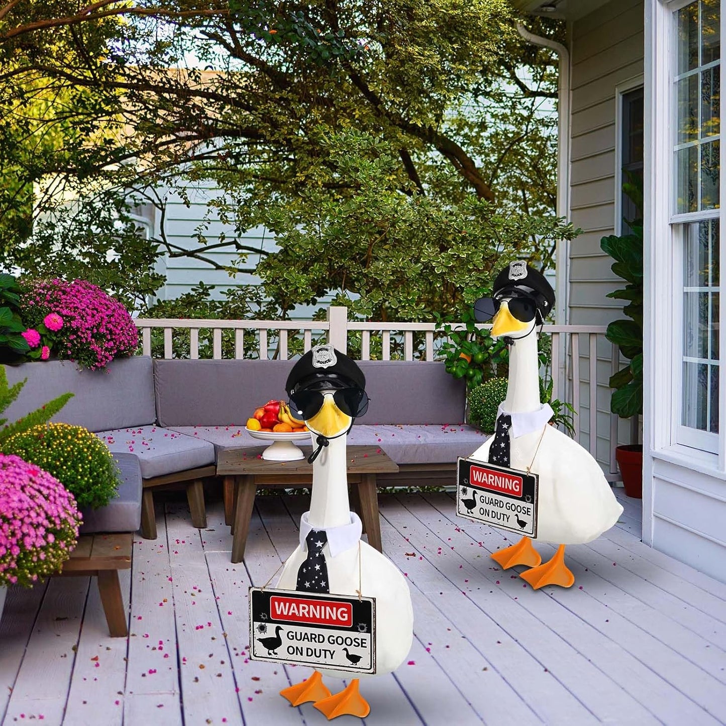 Police Goose Outfits 23” Cement Porch Goose Police Hat Eyeglasses Tie Wooden Warning for Yard and Patio Decoration (Police)