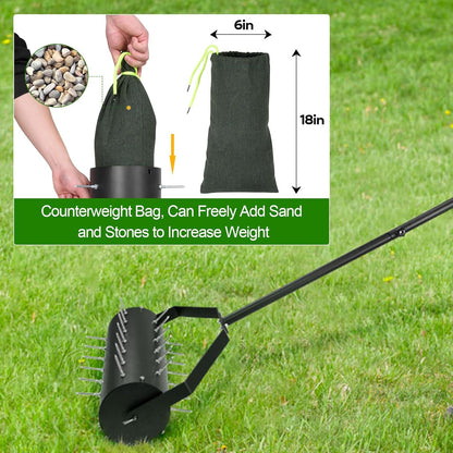 18-inch Rolling Lawn Aerator Tool, 50"-70" Handle Heavy Duty Spike Aerator with Sandbag, 40 Iron Spikes Tighten with Patience, Manual Rolling Aerator Lawn for Yard Garden