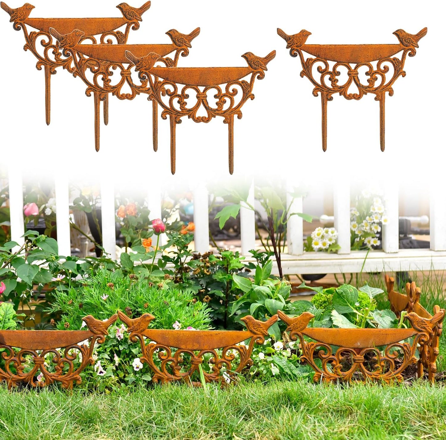 Sungmor Decorative Cast Iron Garden Edging Border, 4 Pack Rustic Brown Landscape Edging Low Picket Fence, 9.9inch Tall Outdoor Flower Bed Lawn Fence Panels, Vintage Metal Yard Decor Stakes