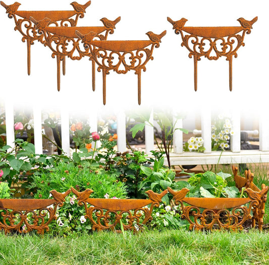 Sungmor Decorative Cast Iron Garden Edging Border, 4 Pack Rustic Brown Landscape Edging Low Picket Fence, 9.9inch Tall Outdoor Flower Bed Lawn Fence Panels, Vintage Metal Yard Decor Stakes