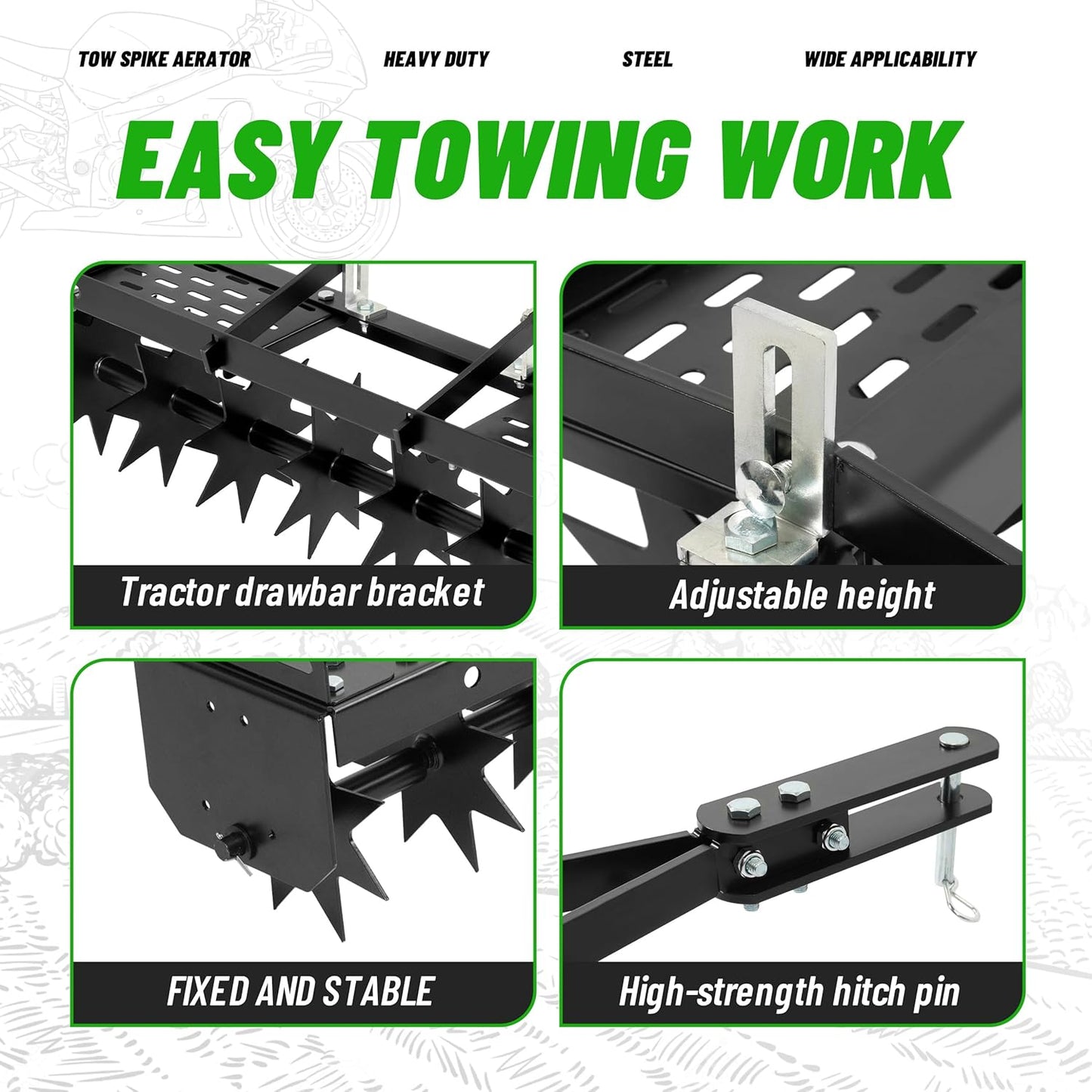 32 in Tow Behind Spike Aerator W/ 8 Spikes, Hitch Pin Attach to Lawn Tractor, Most ZTRs, ATVs Soil Mower Hitch, Lawn Soil Penetrator for Gardens, Lawns, Farms