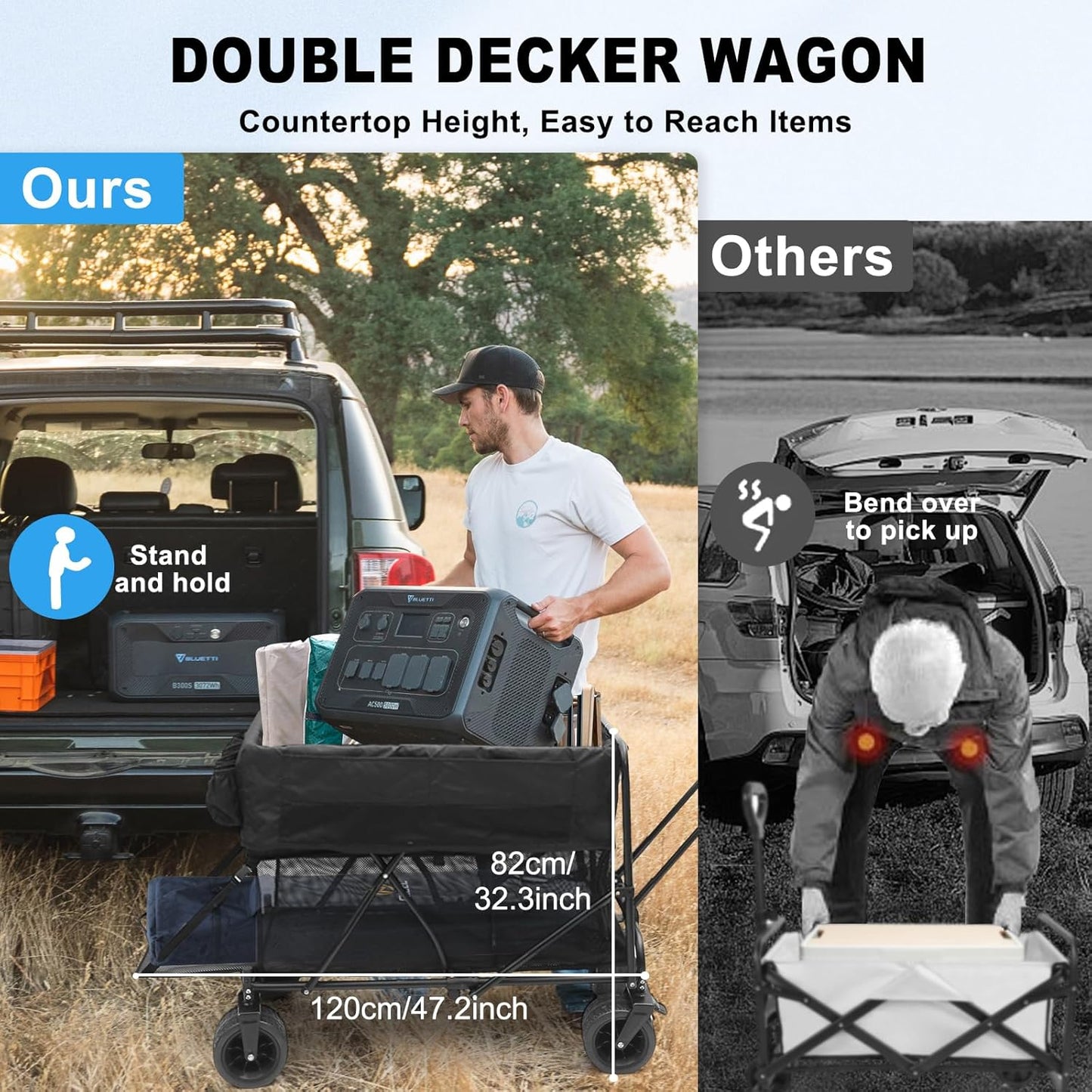 Nice C Push Wagon, Double Decker Wagon, Folding Wagon, Wagons Carts Foldable, Collapsible Wagons, 400L Capacity, Foldable, 47'' Extendable, 4" Wide All Terrain Wheels